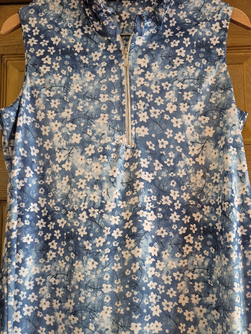 Tango Mango Sleeveless 1/4 Zip Front High Stand Up Neckline Blue White Floral L - Picture 6 of 14